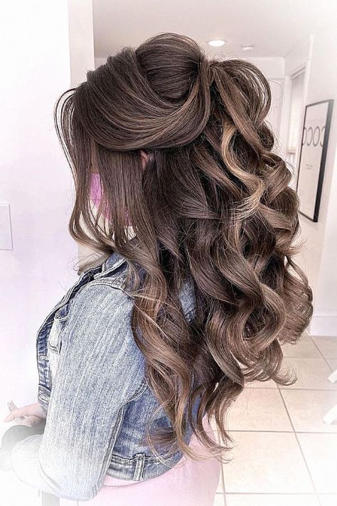 In awe of the gorgeous half up half down look. Hit follow for more glam inspo, and drop a comment on your favorite. Half Updo With Curls, Half Up Down Bun Hairstyles, Volume Hair Half Up Half Down, Dark Brown Wedding Hair Half Up, Bridesmaids Hairstyles Half Up, Waterfall Half Up Half Down, Half Ponytail Hairstyles Wedding, Half Up Half Down Bridal Hair Brunette, Half Up Half Down Soft Curls