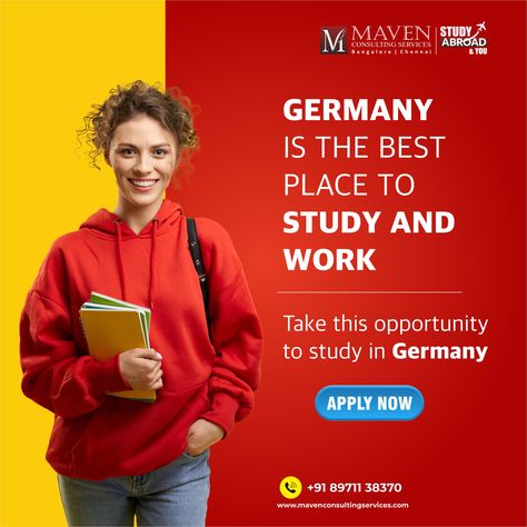 Take this opportunity to study in Germany. Get in touch with us for expert counselling at +91 89711 38370 or visit www.mavenconsultingservices.com For more Information regarding Study Abroad. Study Abroad Logo Design Ideas, Study In Germany Creative Ads, Student Photoshoot, Career Poster, Study In Germany, Hiring Poster, Ads Creative Advertising Ideas, Mega Star, Photoshop Tutorial Design