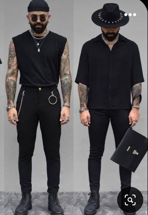 Black Rockstar Outfit Men, Formal Goth Outfits Men, Corp Goth Men, Inverted Triangle Outfits Men, Corporate Goth Men, Masculine Goth Outfits, Rockstar Style Men, All Black Casual Outfit, Rockstar Outfit Men