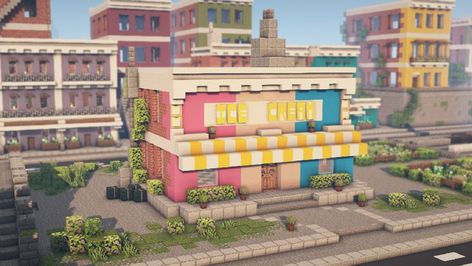 Ice Cream Shop In Minecraft, Ice Cream Shop Minecraft, Minecraft Ice Cream Shop, Minecraft Ice Cream, Minecraft Stores, Minecraft Castle Blueprints, Minecraft Creative, Mc Ideas, Ice Cream Parlour