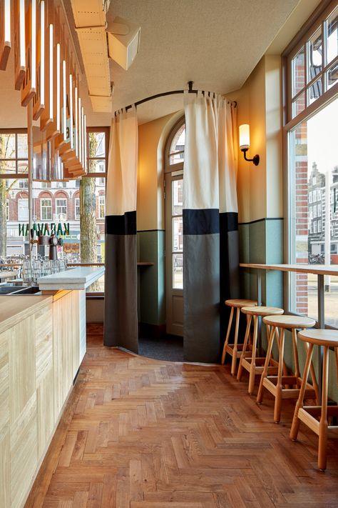 Karavaan restaurant is designed as a series of natural landscapes Studio Modijefsky, Herringbone Wooden Floors, High End Restaurant, Purple Ceiling, Amsterdam Bar, Circular Ceiling Light, Amsterdam Cafe, Sas Entree, Pax Romana