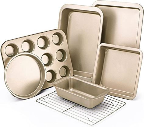 Amazon.com: KITESSENSU Baking Pans Sets, Nonstick Bakeware Set 7-Piece with Round/Square Cake Pan, Loaf Pan, Muffin Pan, Cookie Sheet, Roast Pan, Cooling Rack, Carbon Steel Bake Set : Home & Kitchen Roast Pan, Baking Pans Set, Pan Cookies, Oven Pan, Silicone Oven Mitt, Square Cake Pans, Square Cake, Cooling Rack, Kitchen Oven