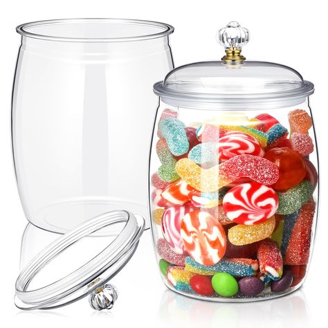 PRICES MAY VARY. Generous Size and Capacity: cookie jars with lids have a large size, measuring approximately 6.3 inches/ 16 cm in bottom diameter and 8.5 inches/ 21.6 cm in height; With a capacity of about 90 oz/ 0.7 gallon, they provide ample space to store and display a wide variety of candies, ensuring you have enough treats for many occasions Classic and Stylish Design: with their clear plastic construction and classic design, these plastic candy jars add a touch of elegance to many setting Candy Jar With Money Inside, Apothecary Jar Candy Bar, Personalized Candy Jar, Apothecary Containers, Candy Buffet Containers, Plastic Candy Jars, Candy Dish Jar Large Size, Plastic Jars With Lids, Plastic Canisters