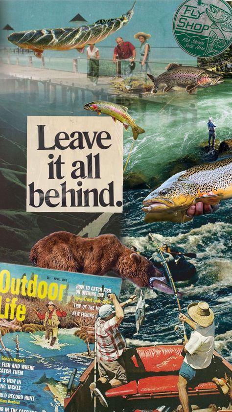 🎣 #outdoors #collageart #nationalparks #nationalgeographic #patagonia #vintage #vintageoutdoors #hiking #style #granolagirl #granola #inspo #colorado #fishing #fish #trout #rivers Fishing Collage, Patagonia Vintage, Hiking Style, Fly Shop, Granola Girl, Opening Day, Inspo Board, Aesthetic Collage, Fishing Trip