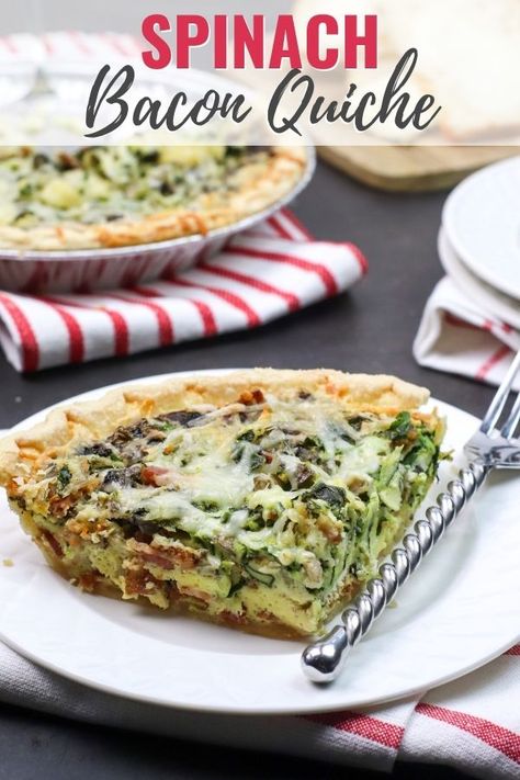 This Spinach and Bacon Quiche will become your new brunch staple. This egg based dish is so versatile, you can enjoy it warm or cold. Bacon Swiss Quiche, Swiss Cheese Quiche Recipe, Spinach And Bacon Quiche, Swiss Cheese Quiche, Swiss Quiche, Bacon Quiche Recipe, Bacon Spinach Quiche, Bacon And Mushroom, Cheese Quiche Recipe