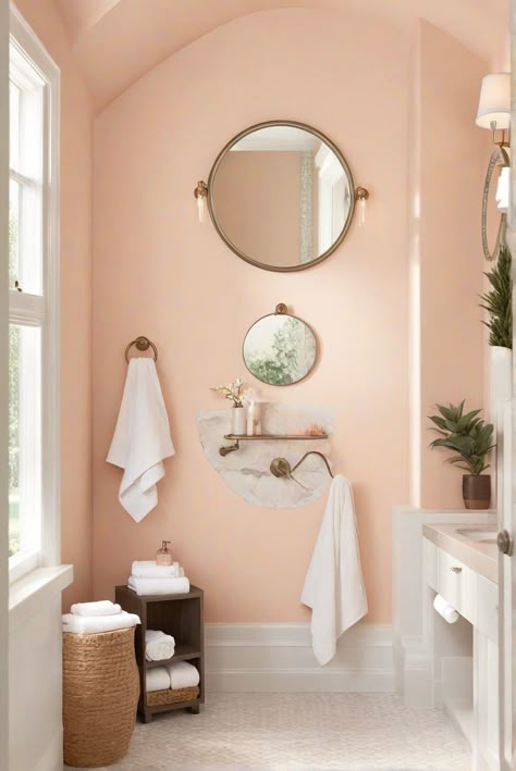 Bathroom Decor Peach, Peach And White Bathroom, Salmon Bathroom Walls, Pale Peach Paint Color, Peach Bathroom Walls, Peach Color Bathroom, Peach Bathroom Ideas, Peachy Bathroom, Bright Bathroom Paint Colors