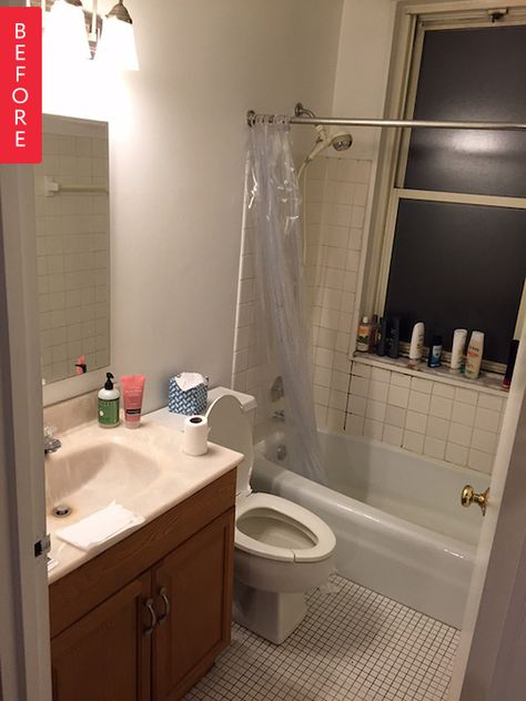 Before & After: A Bright New Look for a Dated Bathroom — Sweeten 70s Bathroom, Ultimate Bathroom, Pink Toilet, Glass Shower Panels, Diy Bathroom Makeover, Bathroom Transformation, Bath Renovation, Bathroom Remodels, Yellow Bathrooms