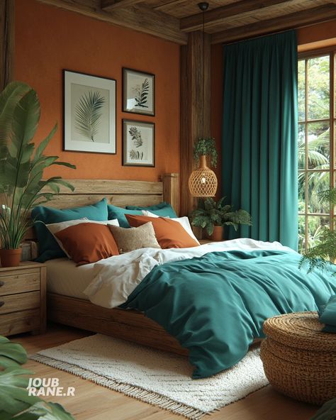 Teal And Natural Bedroom, Green Blue And Orange Bedroom, Bedroom Inspirations Turquoise, Interior Color Schemes Bedroom, Terra Cotta And Teal Bedroom, Teal Bedroom Inspirations, Teal And Terracotta Bedroom, Teal Walls Bedroom, Orange Teal Bedroom