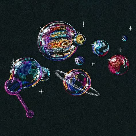 Bubble Solar System | Urban Threads: Unique and Awesome Embroidery Designs Bookish Crafts, Embroidered Jewellery, Laptop Decoration, Rhinestone Projects, Freestanding Lace Embroidery, Urban Threads, Rhinestone Art, Applique Embroidery Designs, Sewing Crochet