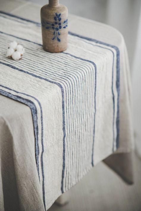 French Style Linen Table Runner Striped Linen Table Runner - Etsy Zara Home Table, French Farmhouse Table, Table Runner Farmhouse, Farmhouse Table Runner, Dining Room French, Farmhouse Table Runners, Market Table, Vintage Table Runner, Striped Table Runner