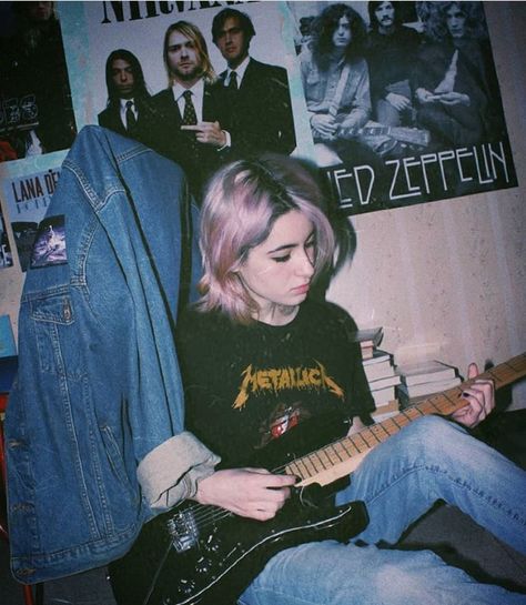 ℓιℓу вяσσкє  @blacktangledhrt Outfits Ideas, Grunge Outfits, Pink Hair, A Girl, Electric Guitar, Guitar, For Women, Hair, Pink