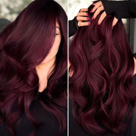 Plum Hair Ideas - The Latest Trending Color Top Volume Hair, Cherry Cola Hair Color With Blonde, Black To Red Hair Before And After, Red Wine Hair Color Burgundy, Cherry Hair Color Burgundy, Maroon And Black Hair, Deep Red Hair Color With Highlights, Cherry Burgundy Hair, Mahagoni Hair Color