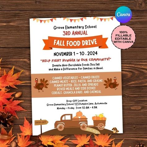 View School Event by SmartSheet789 on Etsy Food Drive Poster Ideas For School, Thanksgiving Fundraiser, Fundraiser Poster, Pto Flyers, Food Drive Flyer, Canned Food Drive, Charity Poster, Drive Poster, Canned Meats