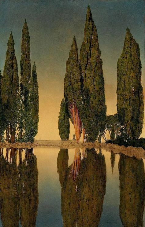 The Reservoir at Villa Falconieri, Frascati (1903) by Maxfield Parrish (1870-1966), oil on canvas, 71.1 x 45.7 cm Art Mini Toile, Italian Cypress, Cupressus Sempervirens, Maxfield Parrish, Edmund Dulac, Walter Crane, Cypress Trees, Neo Classical, Mini Canvas Art