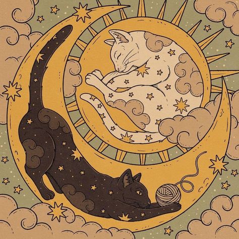 Crochet Poster Ideas, Ying Yang Illustration, Cat Playing With Moon Tattoo, Cat And Moon Wallpaper, Moon Cat Wallpaper, Cat Ying Yang, Cats Ying Yang, Cat On The Moon Drawing, Ying Yang Wallpaper