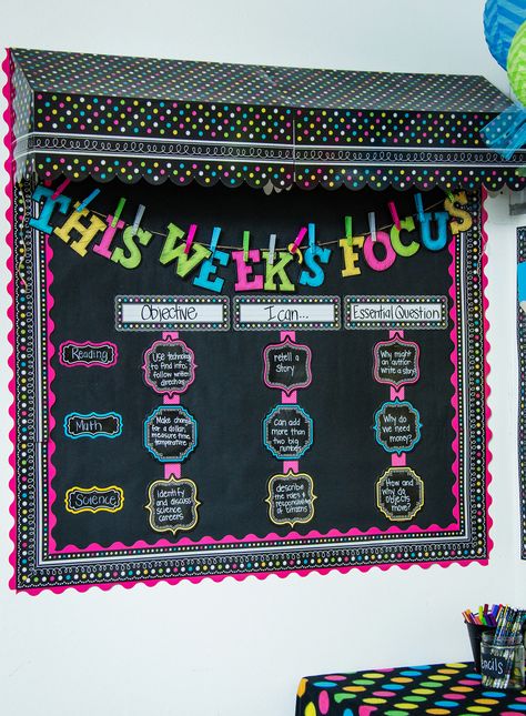 The Chalkboard Brights classroom collection combines the classic chalk look with vibrant colors, patterns and tons of fun.  Your students will love the look, and you will enjoy spending time in your class.  Colors include green, blue, pink, yellow, and white in patterns like polka dots, stripes, and swirls. Week In Focus Bulletin Board, Black And Neon Classroom Theme, Chalkboard Bulletin Board Ideas, Focus Board Classroom, Classroom Chalkboard Ideas, Chalkboard Theme Classroom, Chalkboard Brights Classroom, Neon Classroom Decor, Neon Classroom