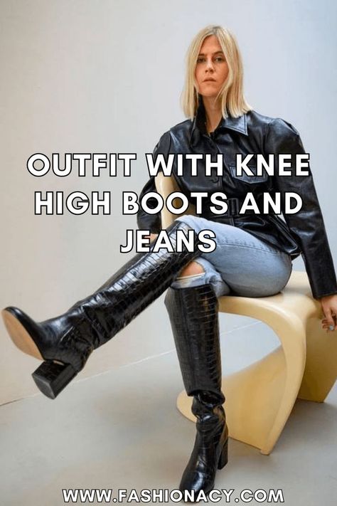 Outfit with Knee High Boots and Jeans Knee High Boots And Jeans, Boots Over Jeans, Outfit With Knee High Boots, High Boots And Jeans, Over The Knee Boot Outfit Night, Outfits With Knee High Boots, Jeans Inspiration, Boots And Jeans, Over The Knee Boot Outfit