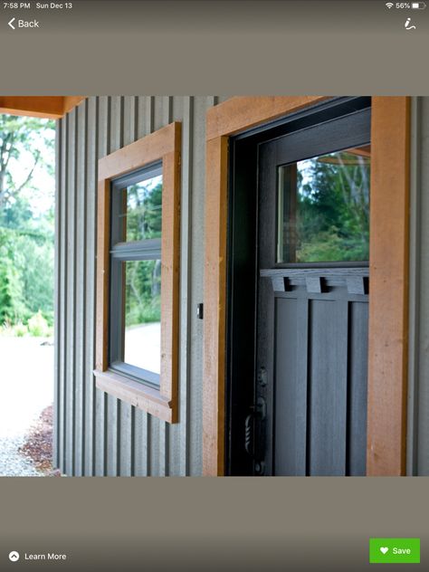 Cedar Trim Exterior Window, Cedar Trim Around Garage Door, Wood Frame Windows Exterior, Cedar Exterior Trim, Black Windows Wood Trim Exterior, Cedar Framed Windows, Cedar Door Trim, Wood Trim Around Windows Exterior, Stained Wood Window Trim Exterior