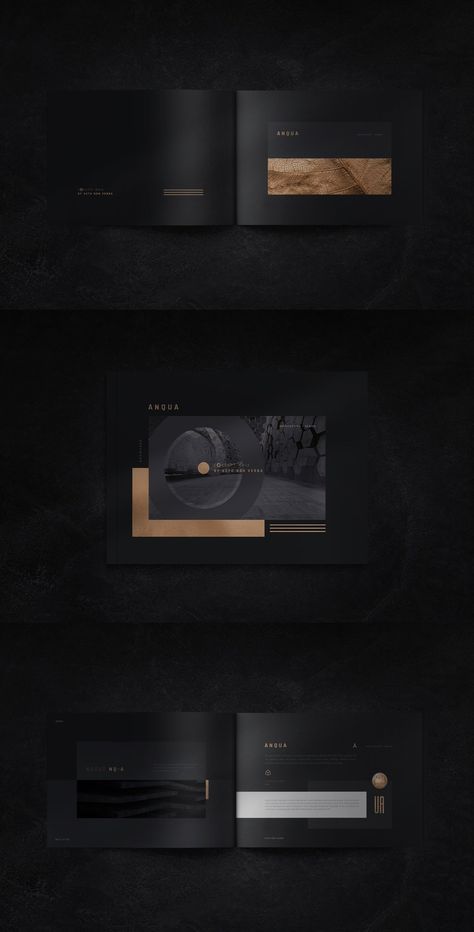 Black Catalog Design, Luxury Brochure Design Inspiration, Luxury Layout Design, Luxury Presentation Design, Black And Gold Website, Graphic Design Catalogue, Luxury Brochure Design, Luxury Layout, Black Brochure