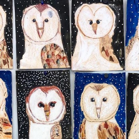 Lauralee Chambers🌀 on Instagram: "Ok. As promised. Barn owls. Video demo on my story. I’m bad at tech but I’m Learning to record with my doc cam. Will add to my highlights- This class used Manila paper and I changed a few things, but my demo is clips from both. Same start for both, same supplies but different use of oil pastels on face. These have full white face from rubbing with side of pastel. Previous class did smearing into white from edges with brown. Scroll to see... . . . #barnowls #drawingowls #owlloverd #allthingsowl #kidsdrawing #awesomeart #schoolartsmagazine #artsandscience #winterart #arteducation #arted #artteachers #owlsofinstagram #artstudent #artday #arttime #newlesson #artteacherfollowloop #artshare #owlsinart #drawingbirds  #barnowl" Snowy Owl Art Projects For Kids, Oil Pastel Owl, Owl Art Projects For Kids, Snowy Owl Art, Manila Paper, Owl School, Barn Owl Art, Art Docent, Artsy Crafts