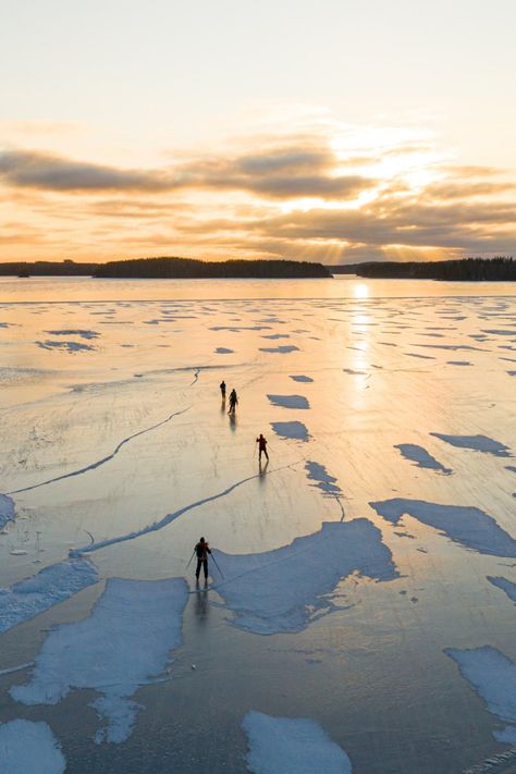 Skating on frozen Lake Saimaa Finland In Winter, Northern Lights Christmas, Ice Activities, Finland Winter, Quiet Nature, Kids Close, Trees Beautiful, Frozen Lake, Beauty In Nature