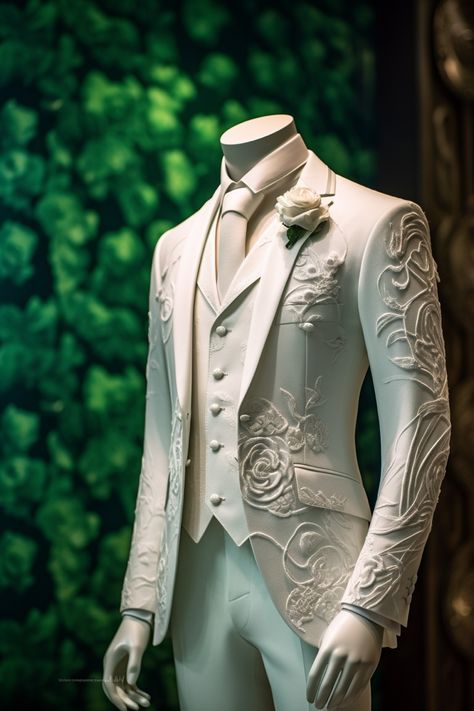 Rose flower inspired suit Whimsical Suits For Men, Fairy Wedding Suit, Modern Wedding Suits Men, Bridgerton Suit, Unique Suits For Men, Moonlight Theme, Modern Victorian Wedding, Blazer For Men Wedding, Flower Suit