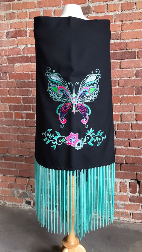 Black embroidered butterfly dance shawl Native Shawl Designs, Native American Shawl, Fancy Shawl Regalia Pattern, Fancy Dance Regalia, Native Shawl, Fancy Regalia, Fancy Shawl Regalia, Ribbon Dresses, Vintage Crochet Doily Pattern