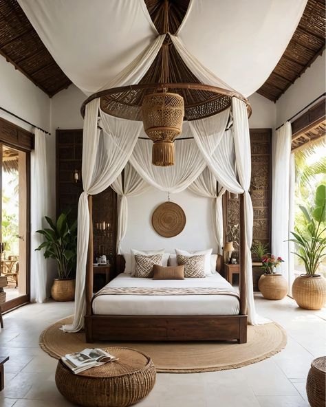 Balinese Interior, Inviting Bedroom, Living Room Mantel, Potters Clay, African Interior, Decor Hacks, Style Living Room, Canopy Bed, Decoration Inspiration