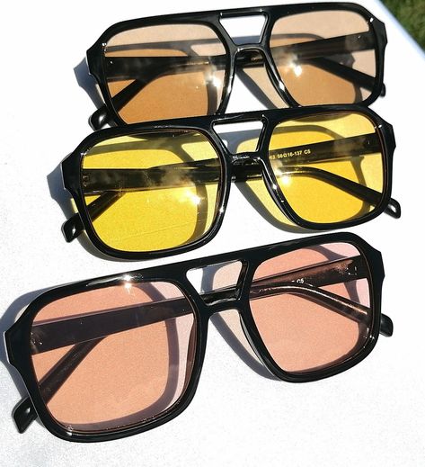 Yellow and orange Lens aviator shape pilot sunglasses with black plastic frame. Affordable sunglasses in South Africa. Orange Lens Sunglasses, 90s Fine, Sunglasses 2022, Fall Sunglasses, Shades For Men, Shape Sunglasses, Sunglasses Outfit, Sunglasses Summer, Black Frames