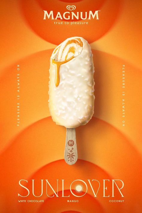 Experience the tropical sensation of mango, coconut and cracking white chocolate with Magnum Double Sunlover ice cream stick and tub, a refreshing treat for the day. Or, indulge in decadent caramel, popcorn flavour ice cream and cracking milk chocolate with Magnum Double Starchaser ice cream stick and tub, the perfect night-time treat. Available now at all UK retailers. Ice Cream Poster Advertising, Ice Cream Ads, Amul Ice Cream, Ice Cream Advertising, Magnum Ice Cream, Ice Cream Poster, Ice Cream Packaging, Ice Cream Tubs, Delicious Deserts