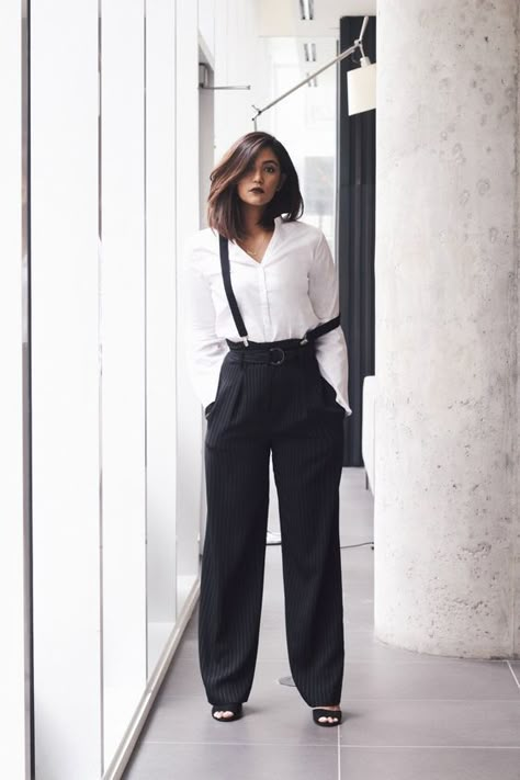 Outfits With Suspenders, Dandy Look, 40s Mode, Suspenders Outfit, Suspenders For Women, Androgynous Fashion, Wide Leg Pant, Mode Inspiration, Work Attire