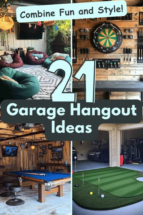 Explore unique ways to turn your garage into an amazing hangout spot! From a pool table setup to a cozy bean bag zone, these ideas are perfect for any gathering. #GarageHangoutIdeas #DIYGarageMakeover #GarageTransformation #FunHangoutSpaces #HomeEntertainment #HangOut Garage To Outdoor Living Space, Garage Gameroom Ideas, Garage Spare Room Ideas, Garage Sports Cave, Garage Desk Work Benches, Game Room Garage Conversion, Garage Conversion To Family Room Ideas, Garage Makeovers On A Budget, Rec Room Garage