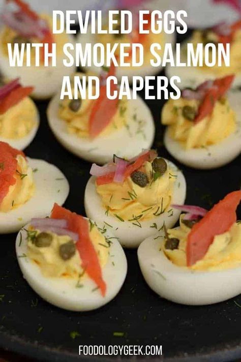 Smoked Salmon Deviled Eggs, Gourmet Deviled Eggs, Salmon Deviled Eggs, Picnic Party Food, Salmon Capers, Whiskey Party, Deviled Egg Recipe, Smoked Salmon Cream Cheese, Deviled Eggs Recipe Easy