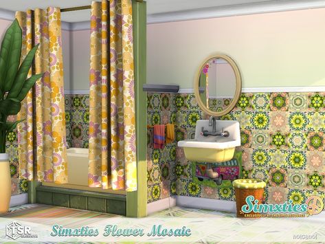 Sims 4 Boho Bathroom, Sims 4 Mosaic Cc, Sims 4 Retro Bathroom, Sims 4 Retro Bathroom Cc, Sims 4 Vintage Bathroom Cc, Sims 4 70s Furniture, Sims 4 Cc Bathroom Furniture Ideas, Sims 4 Pool Ideas, Sims 4 Building Cc