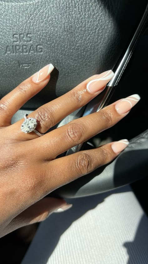 White swirl nails; white nails Acrylic Nails To Go With White Dress, White Summer Nails Coffin, Neutral Coffin Acrylic Nails Design, White Nail Coffin Designs, White Nail Art Coffin, White Design Nails Coffin, White Nails Fancy, White Nails Acrylic Swirls, Acrylic Nail Designs For Graduation