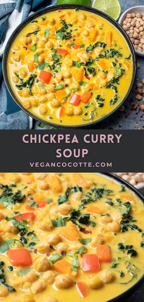 Chickpea Curry Soup Curry Soup Recipes, Easy Vegan Soup, Coconut Curry Soup, Chickpea Soup, Chickpea Stew, Chick Pea, Curry Soup, Chickpea Recipes, Chickpea Curry