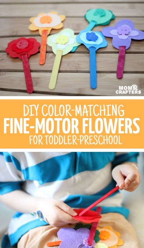 The easiest DIY fine motor toy to make for toddlers and preschoolers! I love these color-matching flowers - a great activity for my toddler to learn and practice colors and fine motor skills at the same time. Sensory Activities Toddlers, Spring Preschool, Fine Motor Skills Activities, Motor Skills Activities, Moms Crafts, Toddlers And Preschoolers, Mom Diy, Kids Learning Activities, Spring Activities