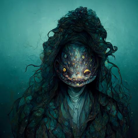 prompthunt: full body portrait of a sea hag with the face of an anglerfish Hag Dnd Art, Green Hag Art, Sea Hag Art, Swamp Hag Art, Sea Hag, Scary Sea Monsters Art, Mythical Monsters, Photo Prompts, Perspective Photography