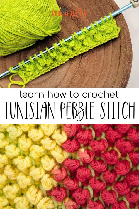 The Tunisian Pebble Stitch is a really fun twist on the Tunisian Simple Stitch - where all the action happens on the return pass! Learn how to crochet the Tunisian Pebble Stitch here! And don't forget to keep scrolling to sign up for my upcoming Michaels Community Classrooms and lives! via @moogly Tunisian Crochet Popcorn Stitch, Tunisian Bobble Stitch, Small Tunisian Crochet Projects, How To Tunisian Crochet, Tunisian Crochet Projects, Tunisian Crochet For Beginners, Tunisian Patterns, Tunisian Knitting, Tunisian Crochet Free