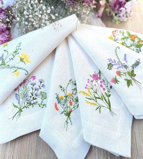 Enhance your special occasions with our exquisite Wildflower Linen napkins! Perfect for weddings, Easter gatherings, Thanksgiving feasts, housewarmings, and more. Our floral tablescape napkins feature intricate embroidered wildflowers, including six different beautifully crafted bouquets. Plus, you can customize the color to match your unique style and event theme. Elevate your table decor with these stunning floral napkins. Explore our other napkin sets by clicking the link below and add a touc Napkins Wedding Table, Floral Tablescape, Wildflower Wedding Theme, Embroidery Napkins, 100 Crochet Stitches, Easter Gathering, Embroidered Handkerchief, Easter Tablescapes, Floral Napkins