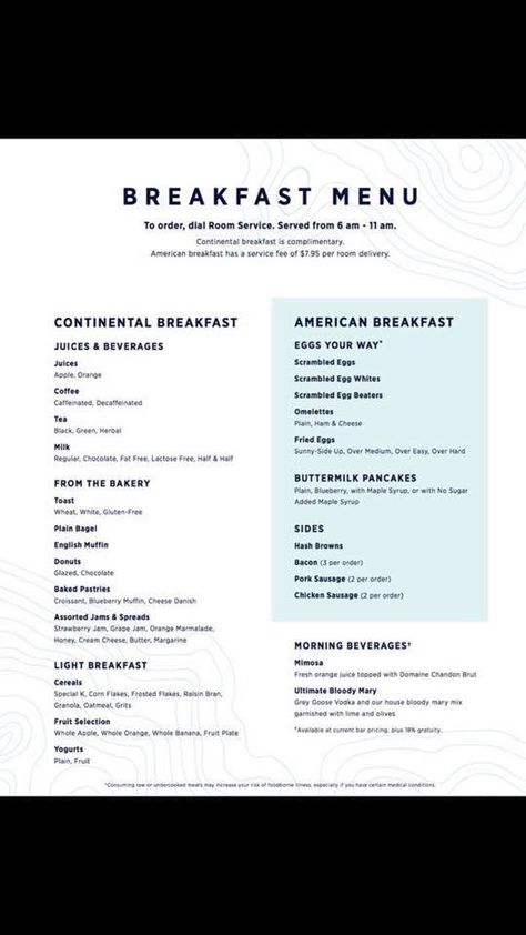 A list of room service food aboard Oasis of the seas Room Service Food, Continental Breakfast Menu, Breakfast Names, Room Service Breakfast, Continental Food, Oasis Of The Seas, Airbnb Business, Breakfast Spread, Table Breakfast