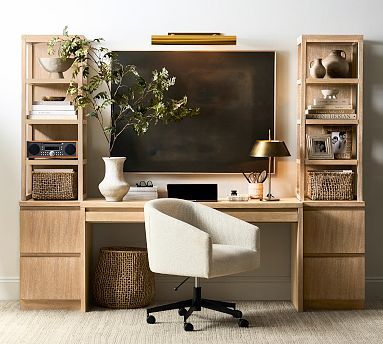 Pottery Barn Office Ideas Inspiration, Bookshelf And Desk Combo, Home Office Guest Room, Wall Unit With Desk, Home Office Backdrop, Pretty Home Office, Professional Office Design, Midcentury Office, Studio Mcgee Office