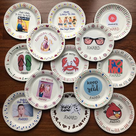 Paper plate awards for my WN8! Dance Team Awards Ideas, Mock Awards Ideas, Funny Kickball Awards, Paper Plate Awards For Teachers, Cheer Paper Plate Awards, Plate Awards Ideas, Funny Paper Plate Awards, Paper Plate Awards Swimming, Fun Cheer Awards