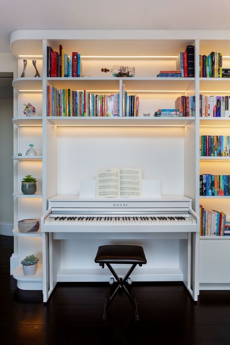 Books Shelves In Living Room, Piano Library Wall, Piano And Bookshelves, Bar Alcove, Fireplace Media Wall, Piano Room Design, Bespoke Living Room, Living Room Furniture Designs, Bespoke Shelving