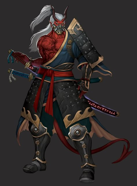 Tiefling Samurai, Oni Art, Samurai Concept, Oni Samurai, Samurai Artwork, Japanese Warrior, Japanese Characters, Samurai Art, Dungeons And Dragons Characters