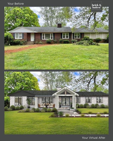 Our designers gave this long brick ranch in North Carolina both architectural interest AND a completely reimagined backyard oasis. The backyard features tons of poolside decking and lots of patio space. A covered patio is accessible by new sliding doors, and dramatic uplighting elevates the effect. We also helped the owners see how a new porch and covered entryway could help them direct the focus to a new front door. Limewash on the brick, new modern windows, and a darker roof update the look. Ranch Home Update Exterior, Ranch House Exterior Remodel, Brick Ranch Exterior, Ranch Exterior Remodel, Limewashed Brick, Brick Ranch Houses, Ranch Makeover, Ranch Renovation, Ranch House Remodel