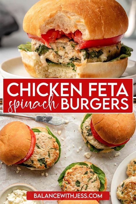 These healthy Chicken Feta Spinach Burgers uses ground chicken, fresh spinach, and salty crumbled feta and has delicious Greek flavors. You can cook these homemade patties on the stovetop, grilled, baked, or in the air fryer. Gluten free, less than 30 minutes, and only 6 ingredients! Feta Chicken Burgers, Best Chicken Burger Recipe, Homemade Chicken Burgers, Spinach Feta Chicken, Hamburger Meat Recipes Easy, Spinach Burgers, Homemade Burger Recipe, Chicken Feta, Ground Chicken Burgers