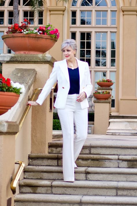 beth from Style at a Certain Age wears a Kobi Halperin ivory structured blazer, ivory trouser pant from Halsbrook Georgia Fashion, Structured Blazer, Style At A Certain Age, Older Women Fashion, Suit Style, Don't Be Afraid, Style Mistakes, Be Afraid, Simple Dresses