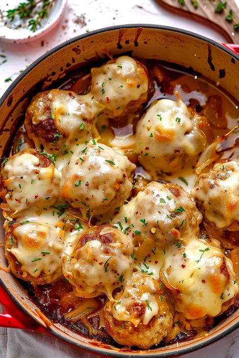 Big Meatball Recipes, Amish Onion Fritters, French Onion Meatballs Recipe, French Onion Meatballs, Onion Meatballs, American Appetizers, Onion Fritters, Brunch Board, Impressive Appetizers