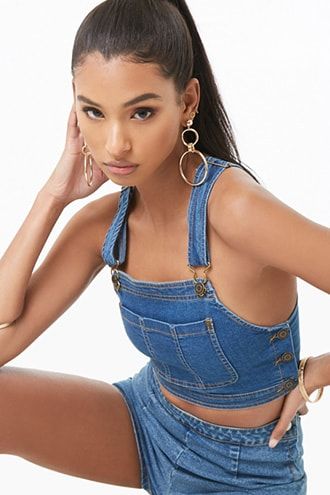 Overall Crop Top, Trendy Cropped Cotton Denim Top, Trendy Cropped Denim Top, Trendy Sleeveless Denim Crop Top, Denim Festival Crop Top, Cropped Denim Top With Button Closure, Long Sleeve Tops For Women, Sweaters Short, Denim Jumper